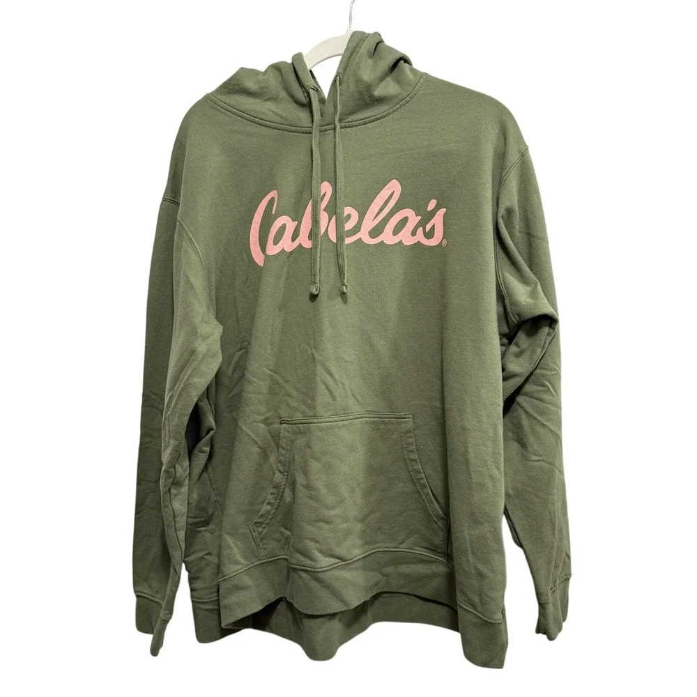 Cabela's Mens 2XL Olive Green Pullover Hoodie Pink Script Logo Fleece Sweatshirt
